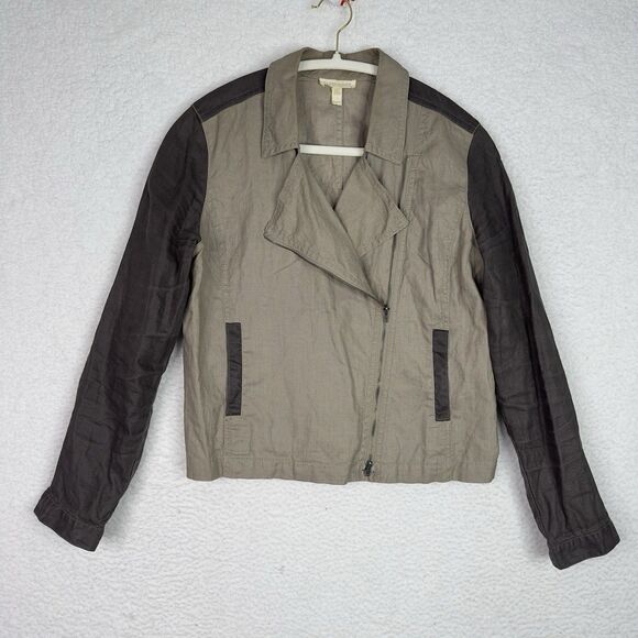 Eileen Fisher Coated Organic Linen Jacket Asymmetrical Zip Petite M Stone Moto - Picture 3 of 16